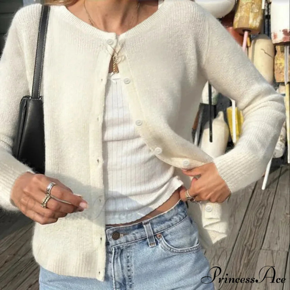 Vintage Circular Neck Extended Sleeve Laid-back Breeze Knitted Cardigan Beige / S cardiagn-250126