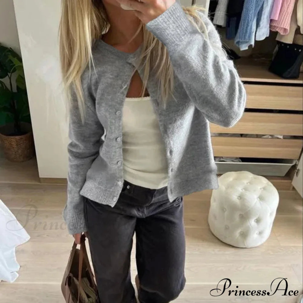 Vintage Circular Neck Extended Sleeve Laid-back Breeze Knitted Cardigan Gray / S cardiagn-250126