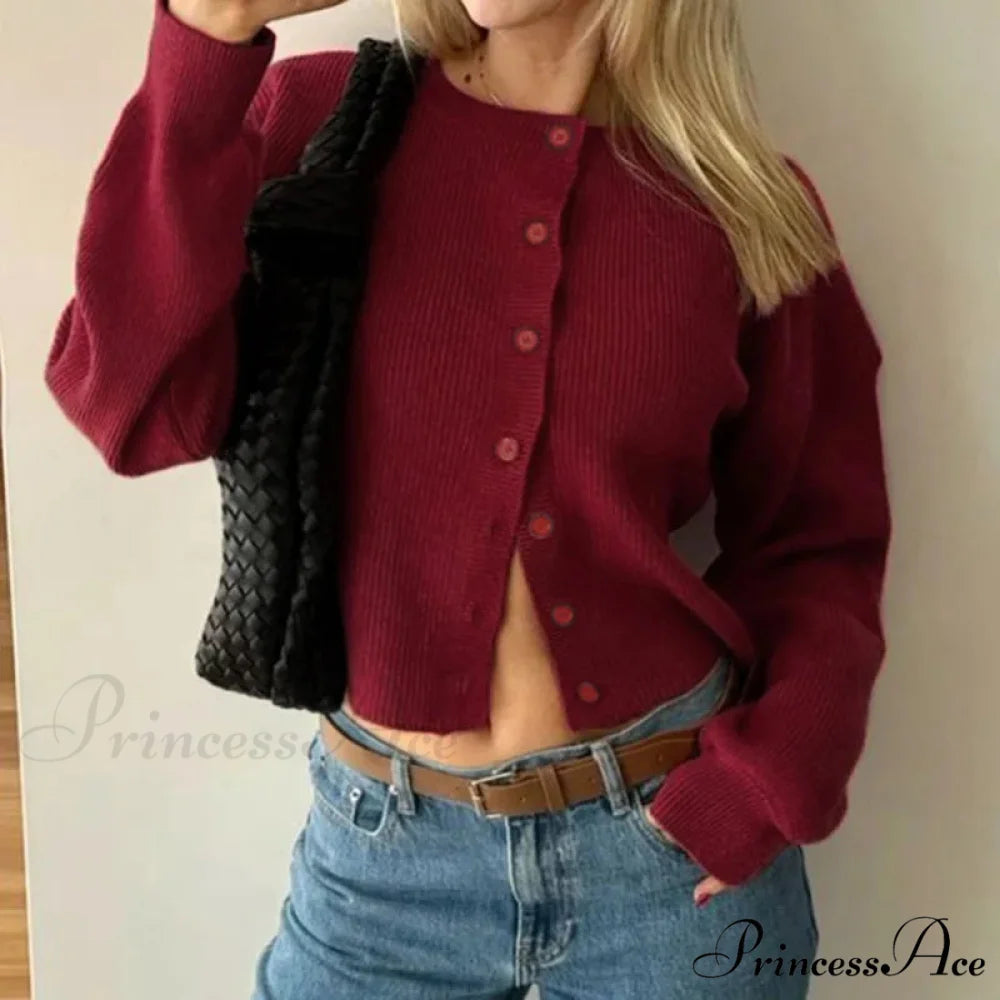 Vintage Circular Neck Extended Sleeve Laid-back Breeze Knitted Cardigan Wine / S cardiagn-250126