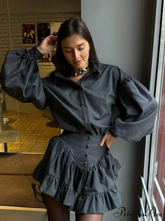 Vintage Collar Baggy Bishop Sleeve Top Grey / S blouse-250223