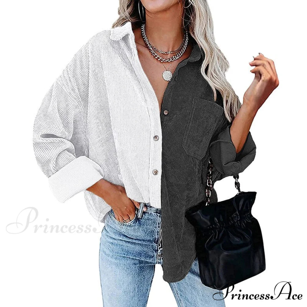 Vintage Color Block Patchwork Corduroy Shirt 2 / S