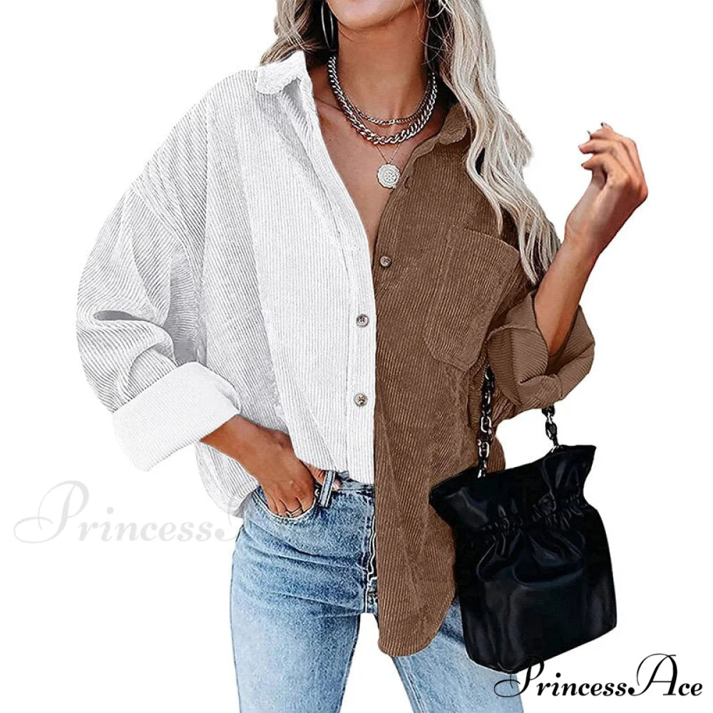 Vintage Color Block Patchwork Corduroy Shirt 4 / S