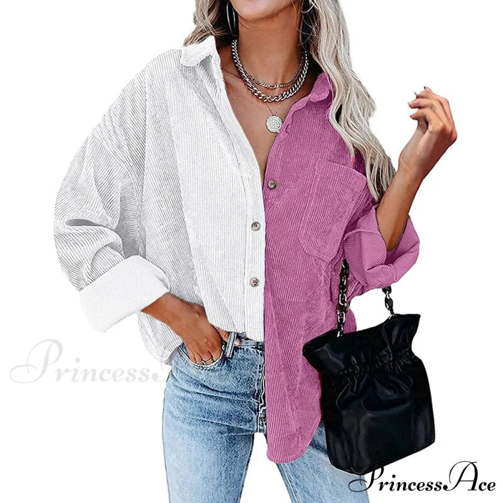 Vintage Color Block Patchwork Corduroy Shirt 5 / S