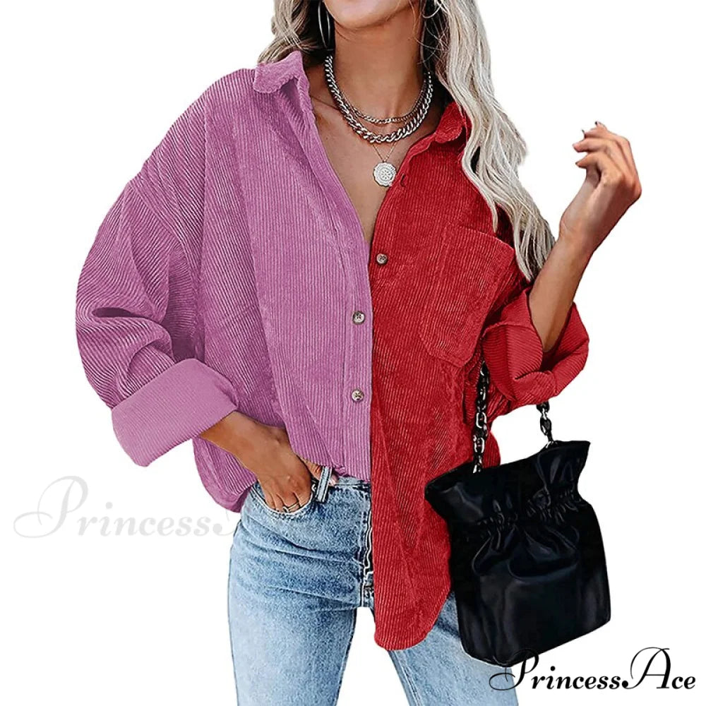 Vintage Color Block Patchwork Corduroy Shirt 7 / S