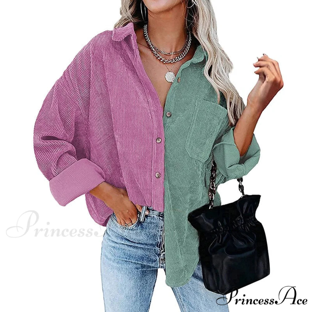 Vintage Color Block Patchwork Corduroy Shirt 8 / S