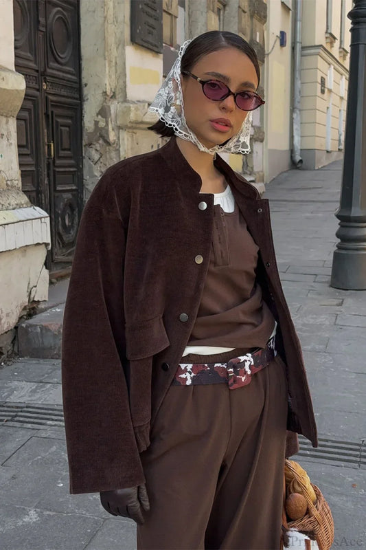 Vintage Corduroy Stand Collar Loose Buttoned Jacket