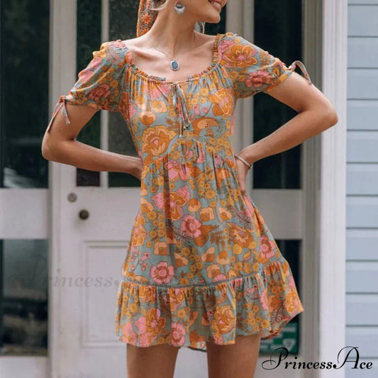 Vintage Cotton Rayon Orange Floral Print Summer Dress PINK / S bohodress-250126