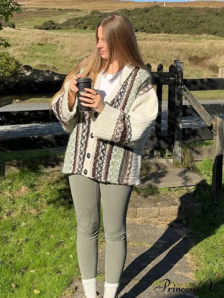 Vintage Crocheted V-neck Baggy Cardigan white / S cardigans-241228