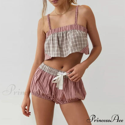 Vintage Cute Plaid Patchwork Camis Crop Top Shorts Two Pieces Set pink / S twopiecesset-250126