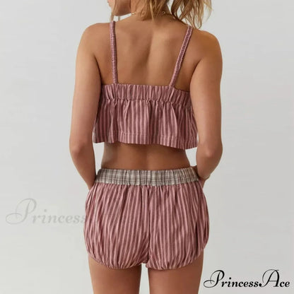 Vintage Cute Plaid Patchwork Camis Crop Top Shorts Two Pieces Set twopiecesset-250126