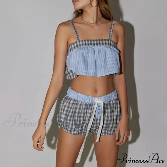 Vintage Cute Plaid Patchwork Camis Crop Top Shorts Two Pieces Set twopiecesset-250126