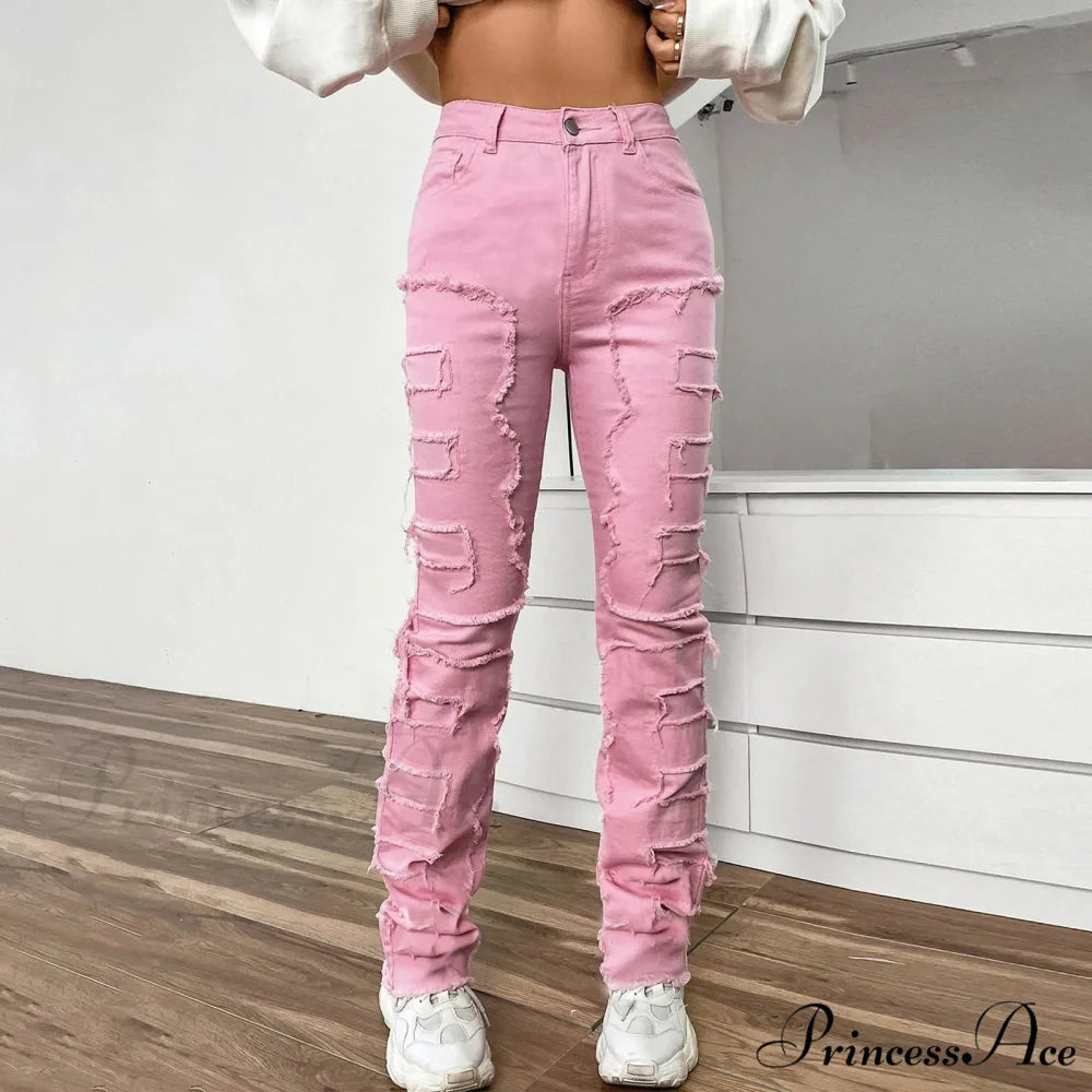 Vintage Denim Embroidered Stacked Jeans Pink / S