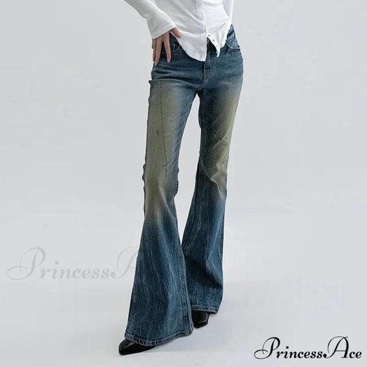 Vintage Denim Flare For Women Fashion Streetwear High Waist Hit Color Slim Female Autumn 2024 Jean Blue / S