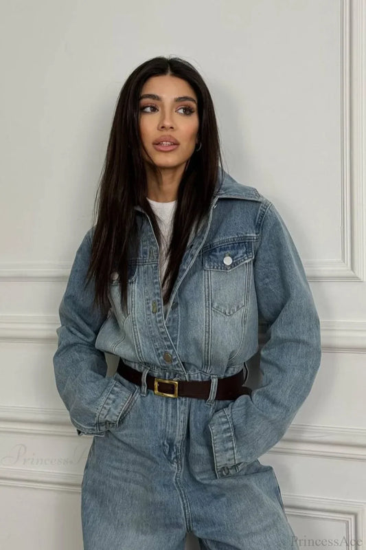 Vintage Vintage Denim Loose Long Pants  Jumpsuit-style Two Piece Set