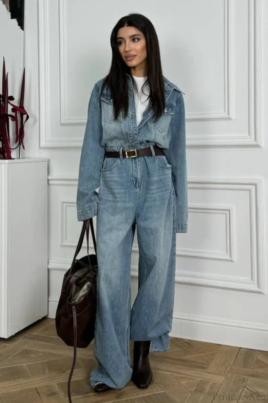 Vintage Vintage Denim Loose Long Pants  Jumpsuit-style Two Piece Set
