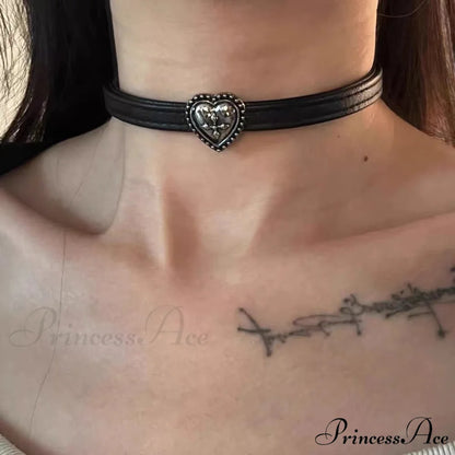 Vintage Distressed Black Leather Choker Necklace BLACK