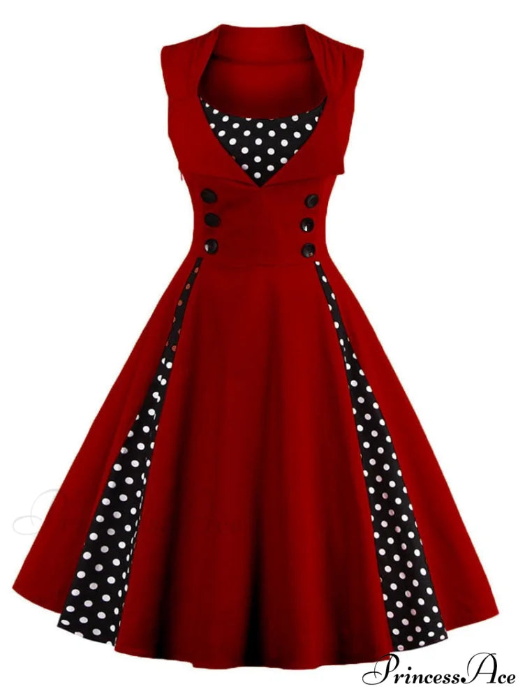 Vintage Dot Retro - Women’s Warm-Season Pin Swing Casual Tunic Party Rockabilly Vestidos Up Gown S-4XL Burgundy / S