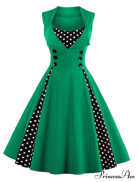 Vintage Dot Retro - Women’s Warm-Season Pin Swing Casual Tunic Party Rockabilly Vestidos Up Gown S-4XL Green / S