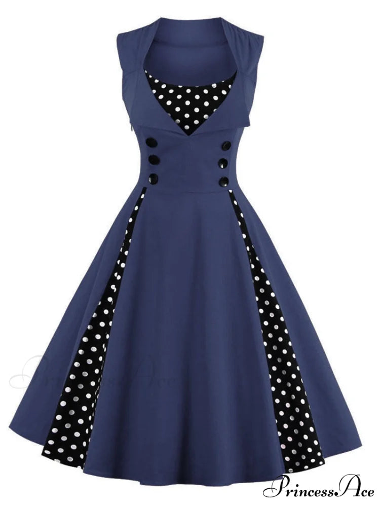 Vintage Dot Retro - Women’s Warm-Season Pin Swing Casual Tunic Party Rockabilly Vestidos Up Gown S-4XL Navy Blue / S