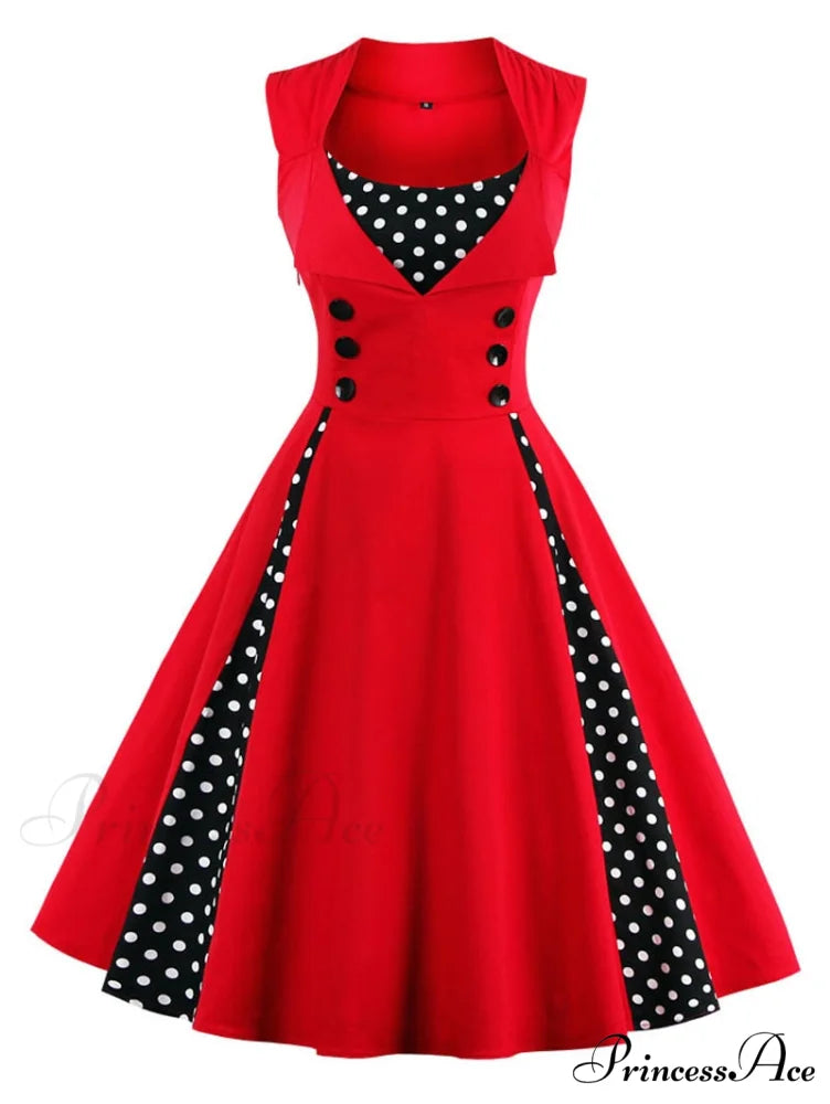 Vintage Dot Retro - Women’s Warm-Season Pin Swing Casual Tunic Party Rockabilly Vestidos Up Gown S-4XL Red / S