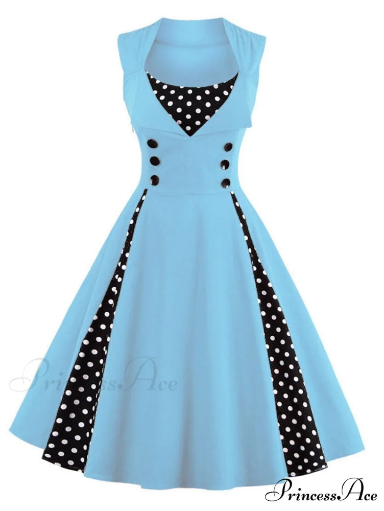 Vintage Dot Retro - Women’s Warm-Season Pin Swing Casual Tunic Party Rockabilly Vestidos Up Gown S-4XL Sky Blue / S