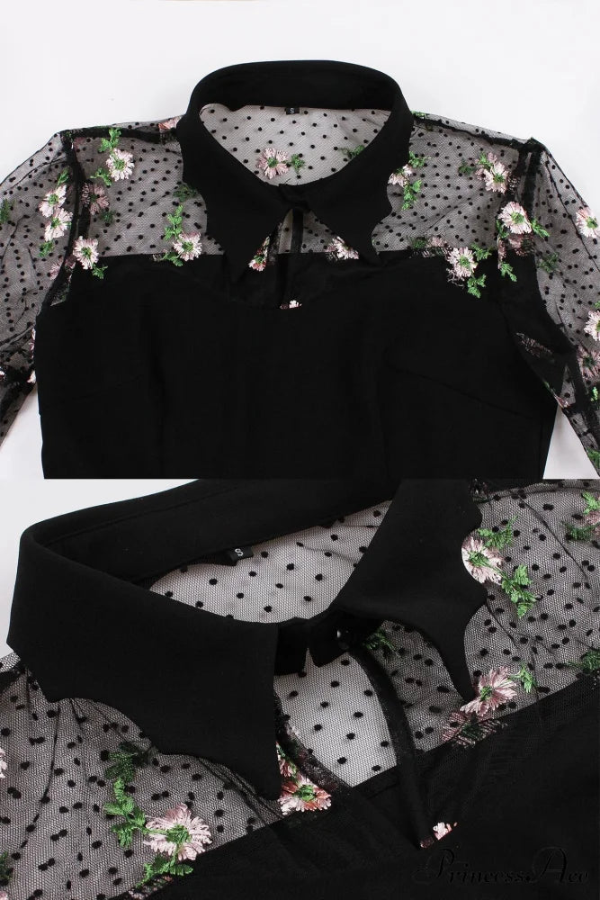 Vintage Dress with Mesh Embroidery and Flare Sleeves Black / L