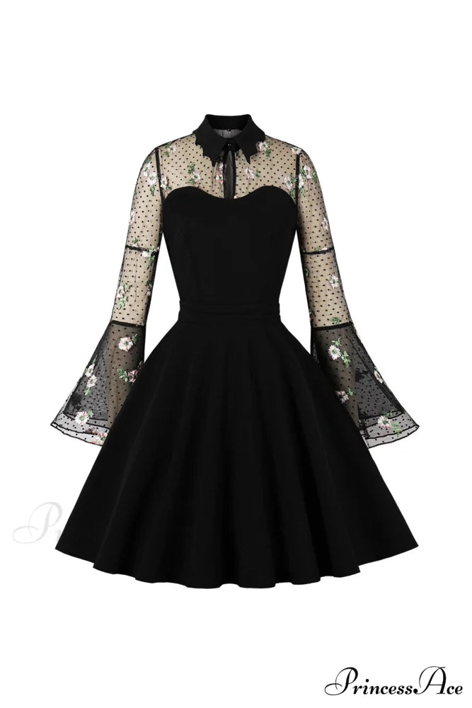 Vintage Dress with Mesh Embroidery and Flare Sleeves Black / S