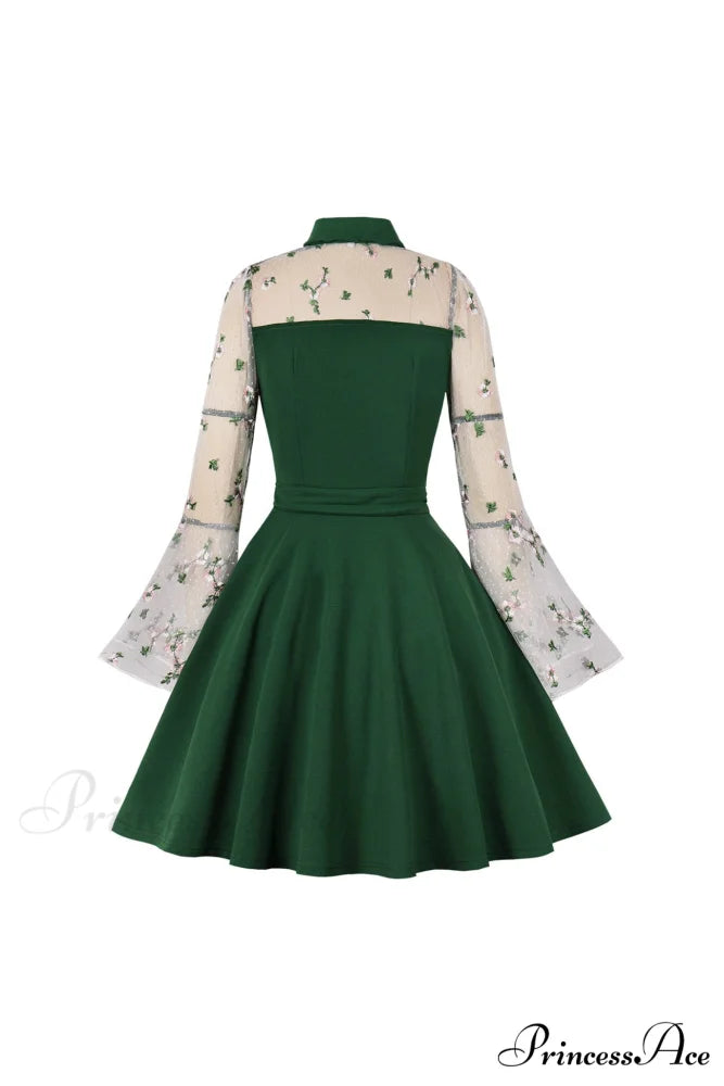 Vintage Dress with Mesh Embroidery and Flare Sleeves Green / L