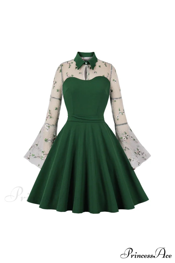 Vintage Dress with Mesh Embroidery and Flare Sleeves Green / S