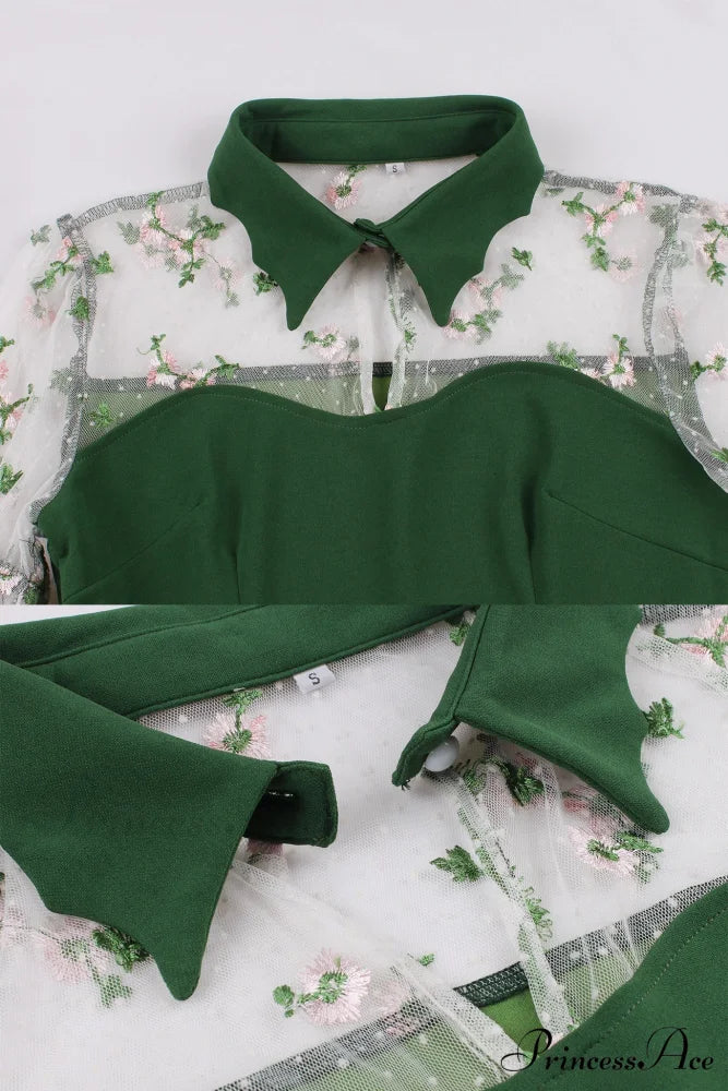 Vintage Dress with Mesh Embroidery and Flare Sleeves Green / XL