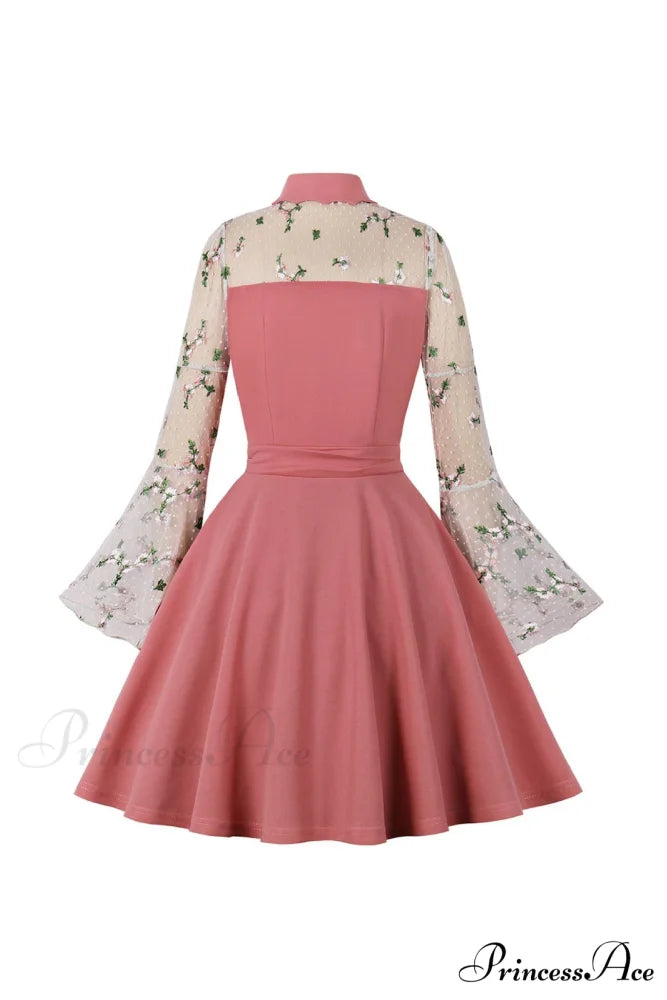 Vintage Dress with Mesh Embroidery and Flare Sleeves Pink / L