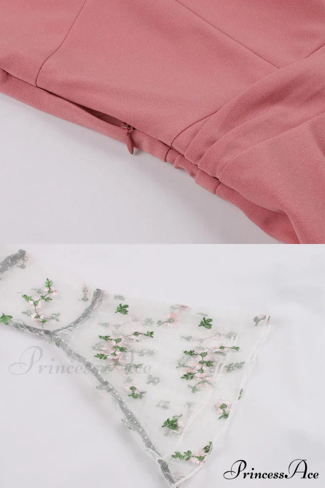 Vintage Dress with Mesh Embroidery and Flare Sleeves Pink / XL