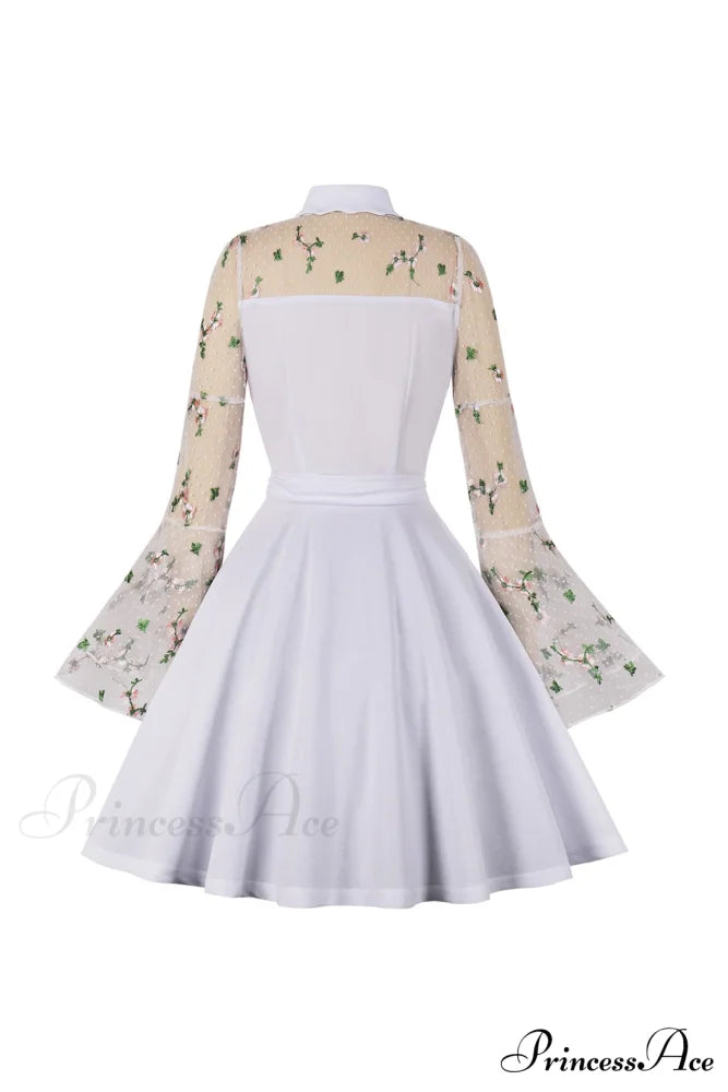 Vintage Dress with Mesh Embroidery and Flare Sleeves White / L
