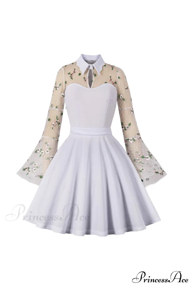 Vintage Dress with Mesh Embroidery and Flare Sleeves White / S