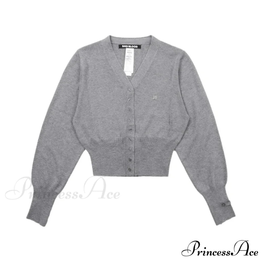 Vintage Embroidered Round Neck Cardigan GRAY / S