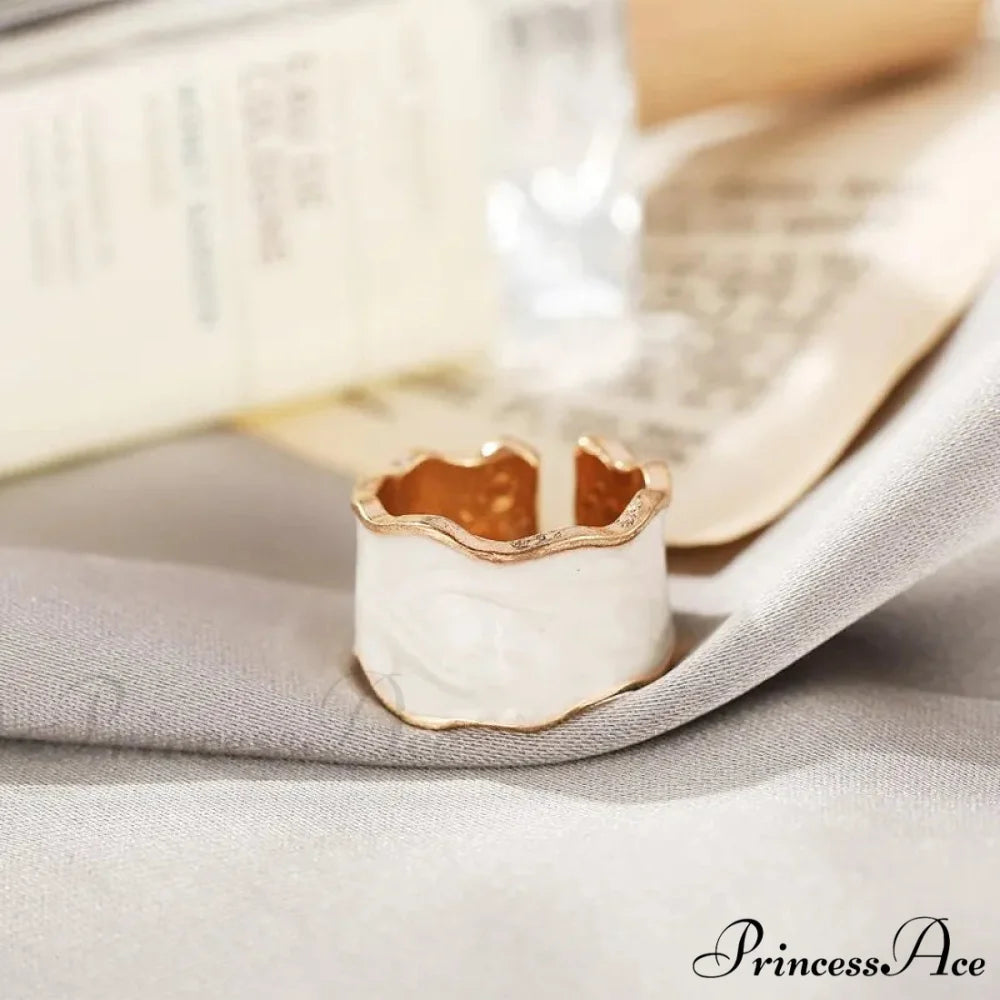 Vintage Enamel Irregular Shape Geometric Adjustable Ring Adjustable / White