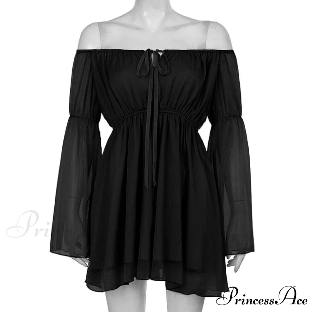 Vintage Flare Sleeve Party Bandage Mini Dress Black Dress / S