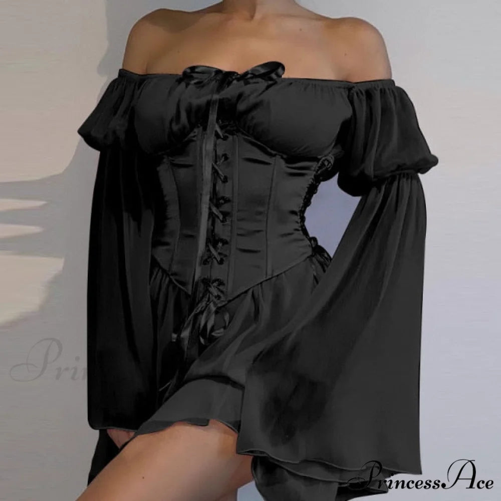 Vintage Flare Sleeve Party Bandage Mini Dress Black Suit / S