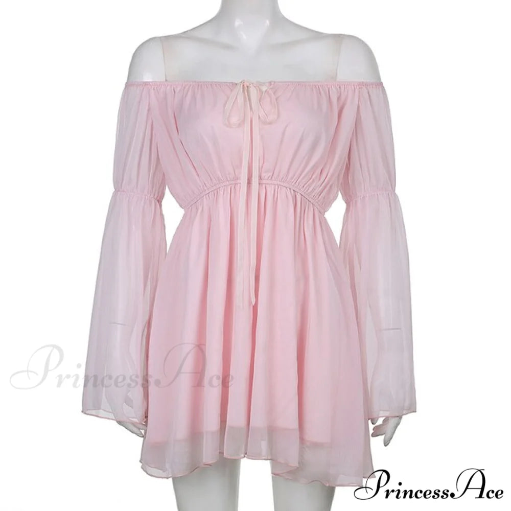 Vintage Flare Sleeve Party Bandage Mini Dress Pink Dress / S