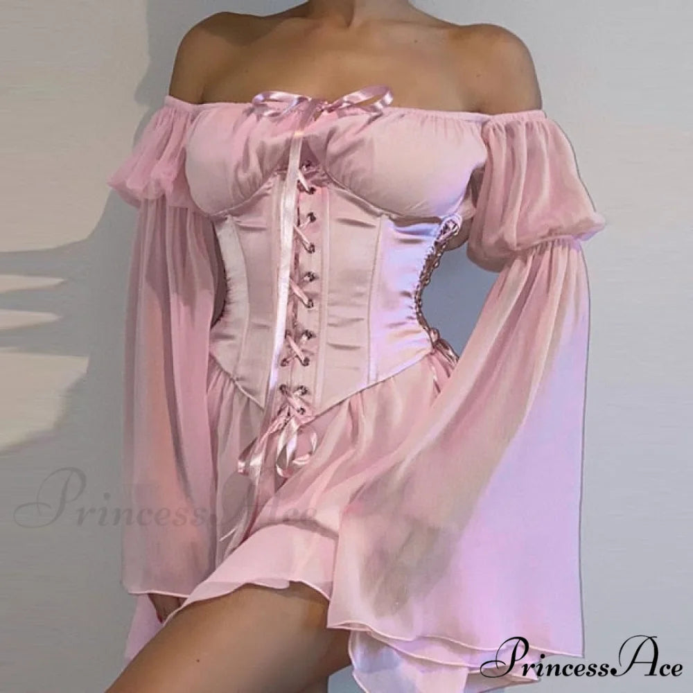 Vintage Flare Sleeve Party Bandage Mini Dress Pink Suit / S