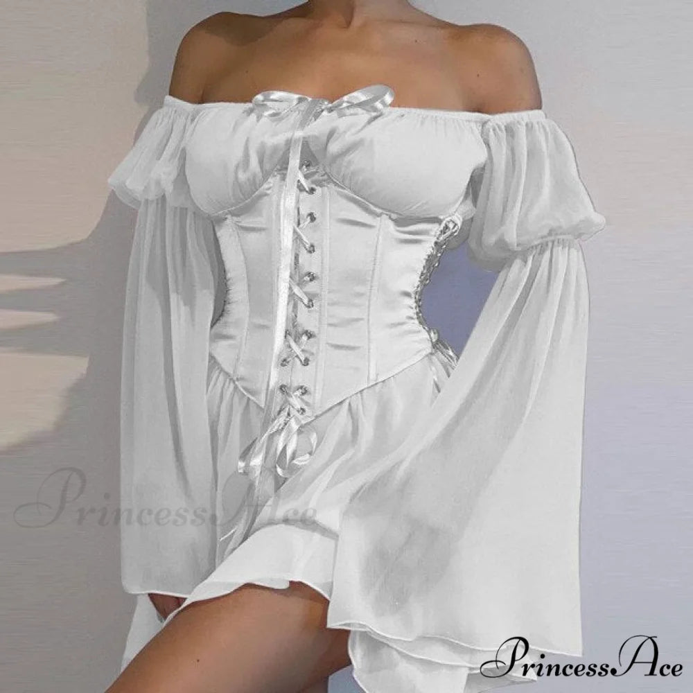 Vintage Flare Sleeve Party Bandage Mini Dress White Suit / S