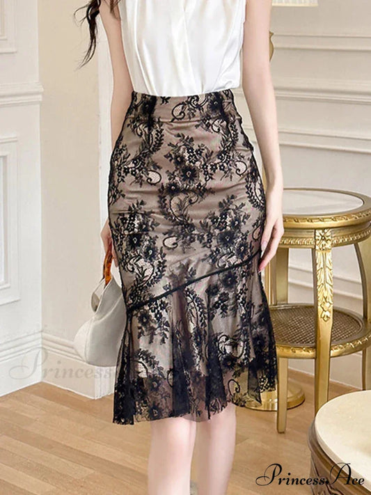 Vintage Flexible Lace Enveloped Mermaid High Waist Skirt Black / S skirt-250126