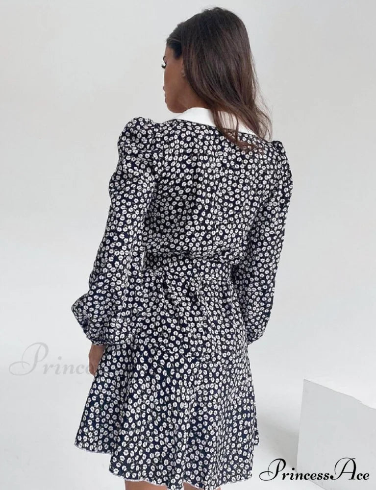 Vintage Floral Dress with Peter Pan Collar Sash Puff Sleeves A-Line Fit