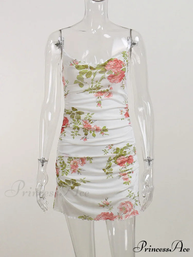 Vintage Floral Mesh Bodycon Dress with Ruched Detail
