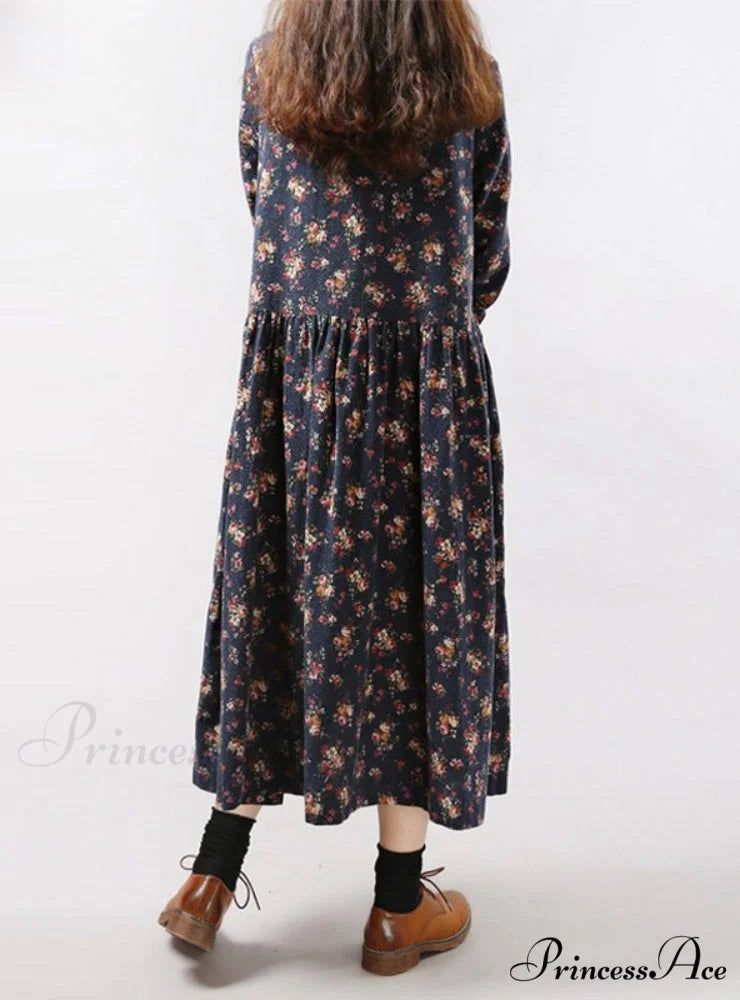 Vintage Floral Print Dress with Long Sleeves and O Neck for Women with Pockets L / Khaki