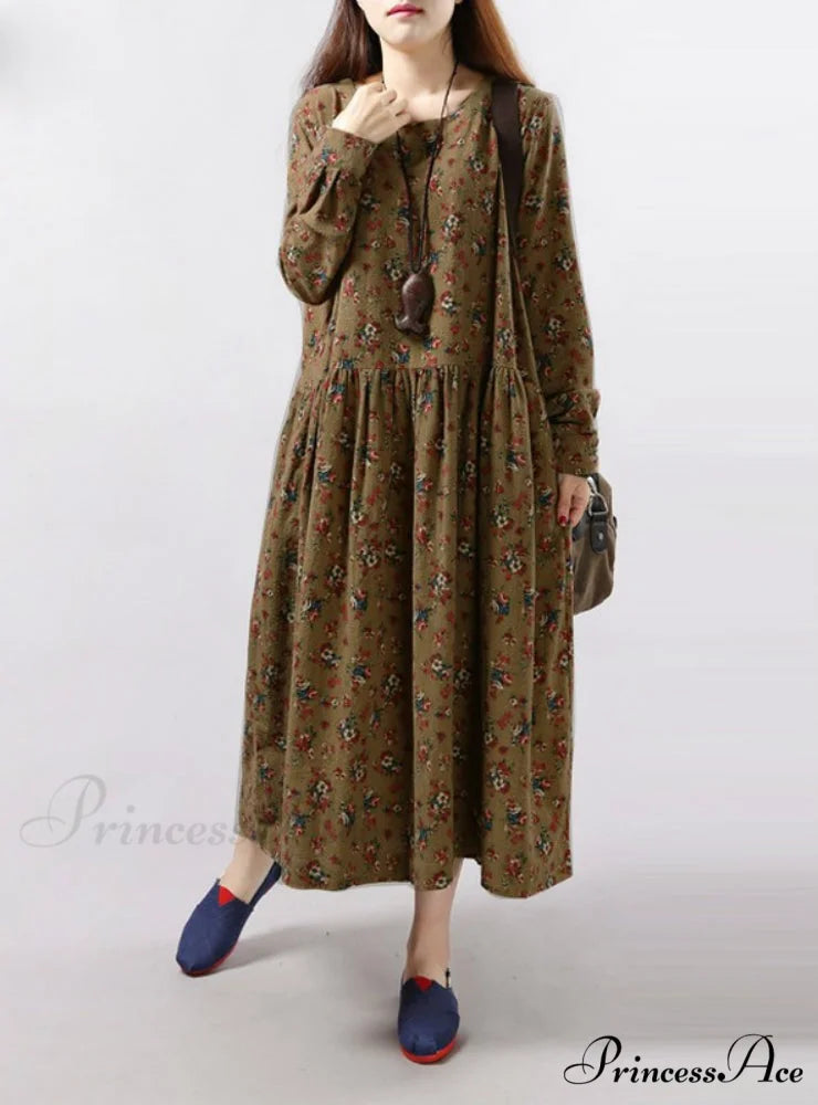 Vintage Floral Print Dress with Long Sleeves and O Neck for Women with Pockets L / Red