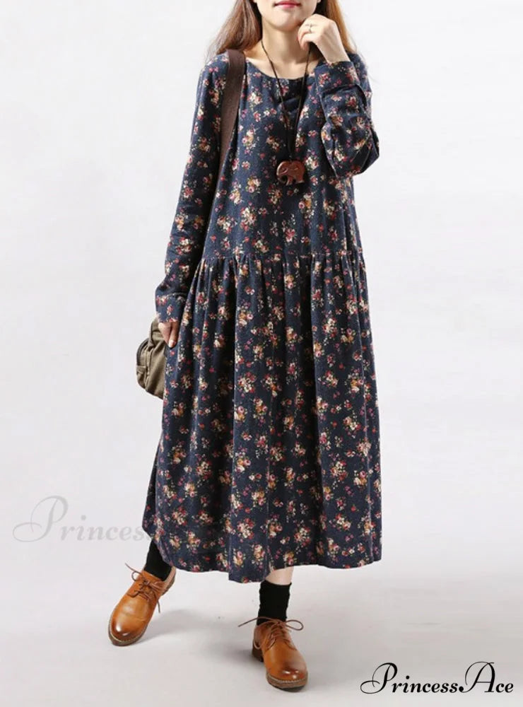 Vintage Floral Print Dress with Long Sleeves and O Neck for Women with Pockets M / Blue
