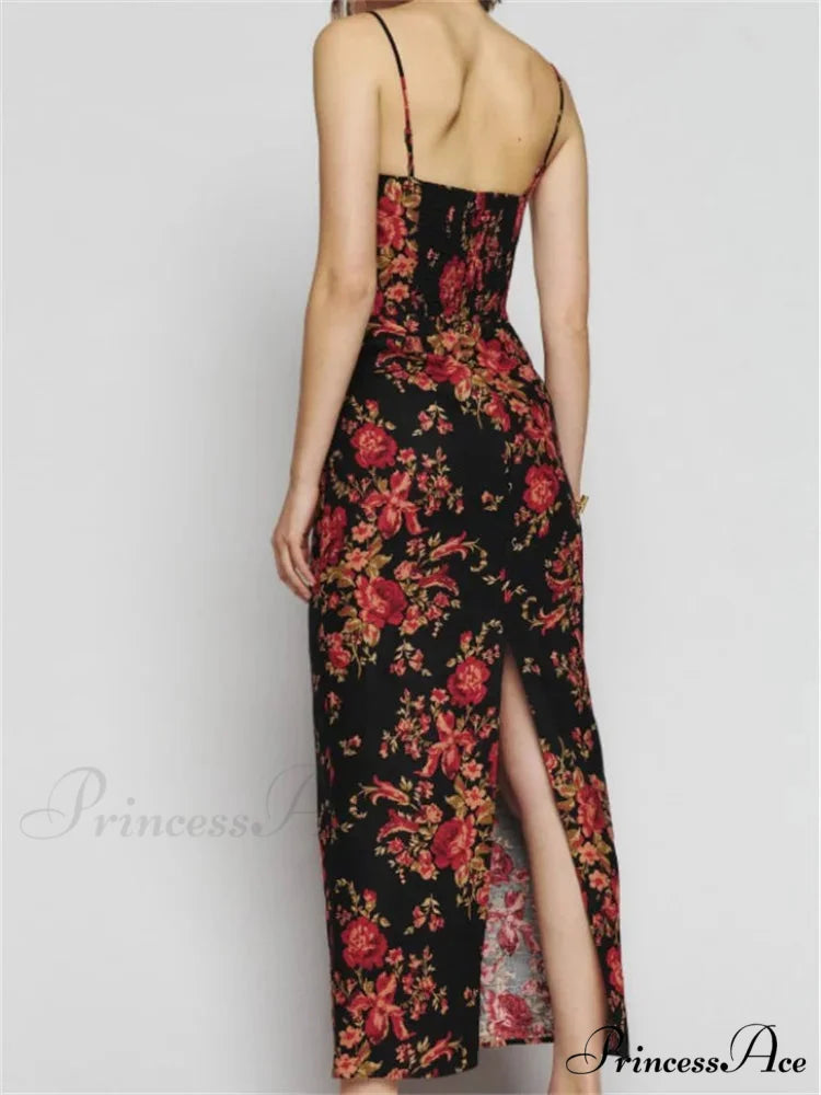 Vintage Floral Print for Women Sleeveless Spaghetti Strap Simmer Back Split Cocktail Party Vestidos