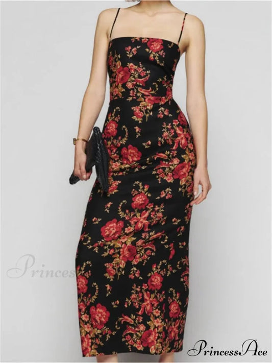 Vintage Floral Print for Women Sleeveless Spaghetti Strap Simmer Back Split Cocktail Party Vestidos BLACK / S