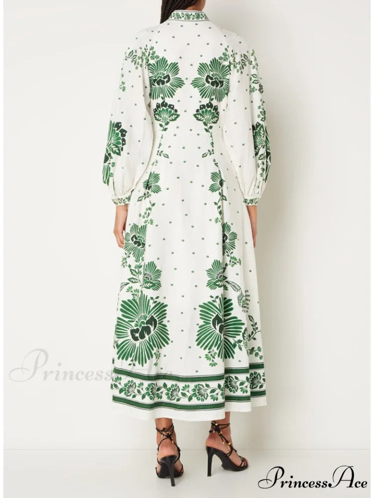 Vintage Floral Print Lantern Graceful Long Sleeve Midi Dress